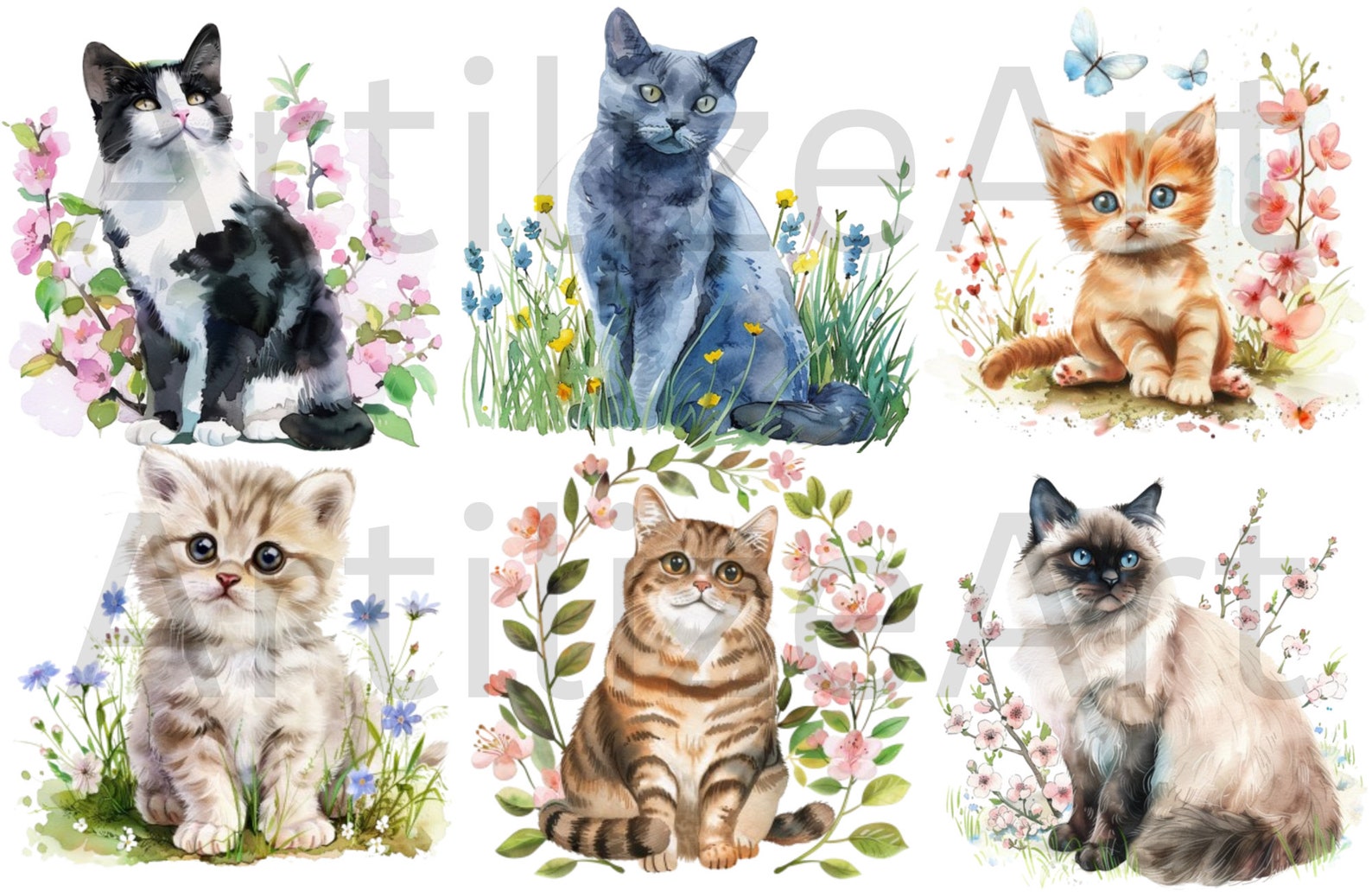 Watercolor Spring Cats Clipart Bundle - Cats Spring Png - Instant ...