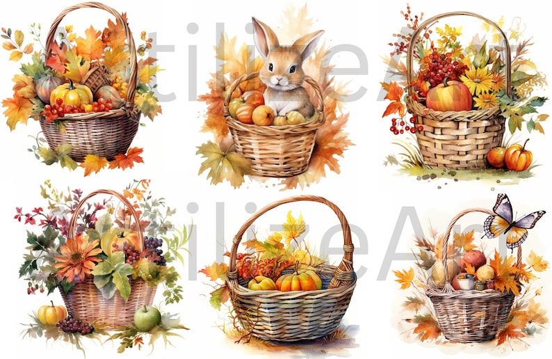 Watercolor Fall Baskets Clipart Autumn Png Instant - Etsy