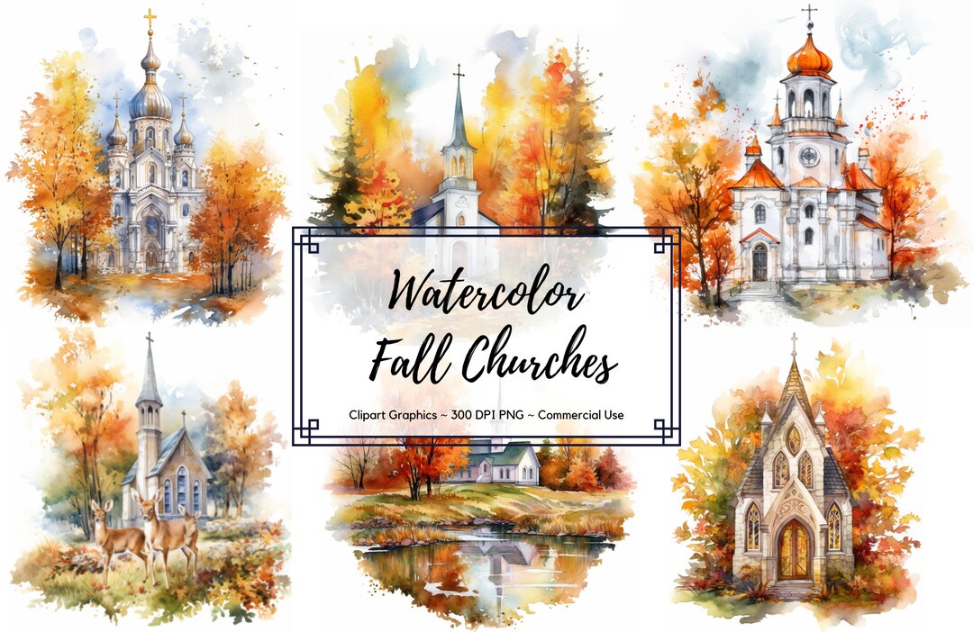 Watercolor Fall Churches Clipart - Autumn Png - Instant Download ...