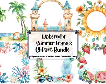 Watercolor Summer Frames Clipart - Summer Png - instant download - Commercial Use - Summer Clipart Bundle- Junk Journal Summer Planner