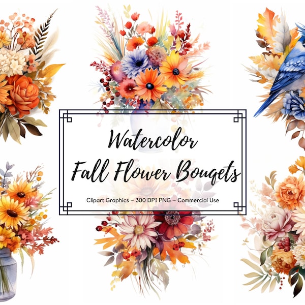 Watercolor Fall Flower Bouquet Clipart - Autumn Png instant download - Commercial Use - Fall Clipart Bundle Junk Journal Fall Planner Design