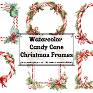 Puede incluir: Ilustraciones en acuarela de marcos navideños con bastones de caramelo, acebo y lazos rojos. Los marcos tienen varias formas, incluyendo cuadrados, redondos y ovalados. El texto "Watercolor Candy Cane Christmas Frames" se muestra en el centro.