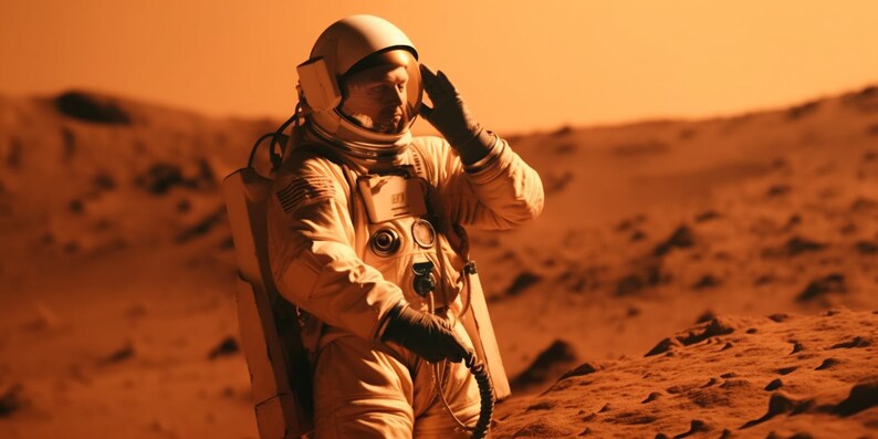 Peut inclure: Un astronaute portant une combinaison spatiale blanche se tient debout sur une surface rouge et rocheuse. L'astronaute regarde vers le haut et a une main lev&eacute;e vers sa visi&egrave;re. L'arri&egrave;re-plan est rouge et brumeux.