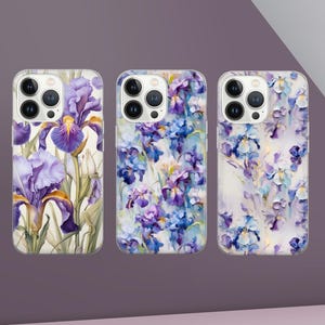 Coque Iris Coque de portable Fleurs violettes Coque pour iPhone 17, 16e, 15, 14, 13, 12, Google Pixel 10, 9 Pro, 8, Samsung S25 edge, S24