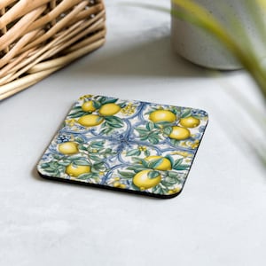 AMALFI LEMONS Coaster Fruits Aesthetic Cork Back Coaster Yellow Lemons Coaster Lemon print Interesting Gift Yellow Funky Elegant