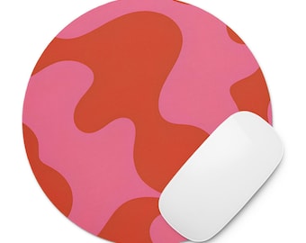 Tapis de souris antidérapant rond esthétique rose lignes ondulées abstrait pour ordinateur cadeau accessoires de bureau
