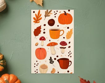 Puede incluir: Ilustración con temática otoñal que presenta calabazas, setas, hojas y tazas de café en tonos naranja, marrón y beige. El diseño incluye varios elementos otoñales, creando una estética acogedora y de temporada. La obra de arte está sobre un fondo verde apagado.