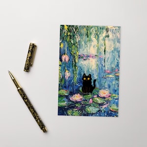 Carte postale de CHAT NOIR, carte postale de fête, carte postale standard de chat Chat funky de nénuphar