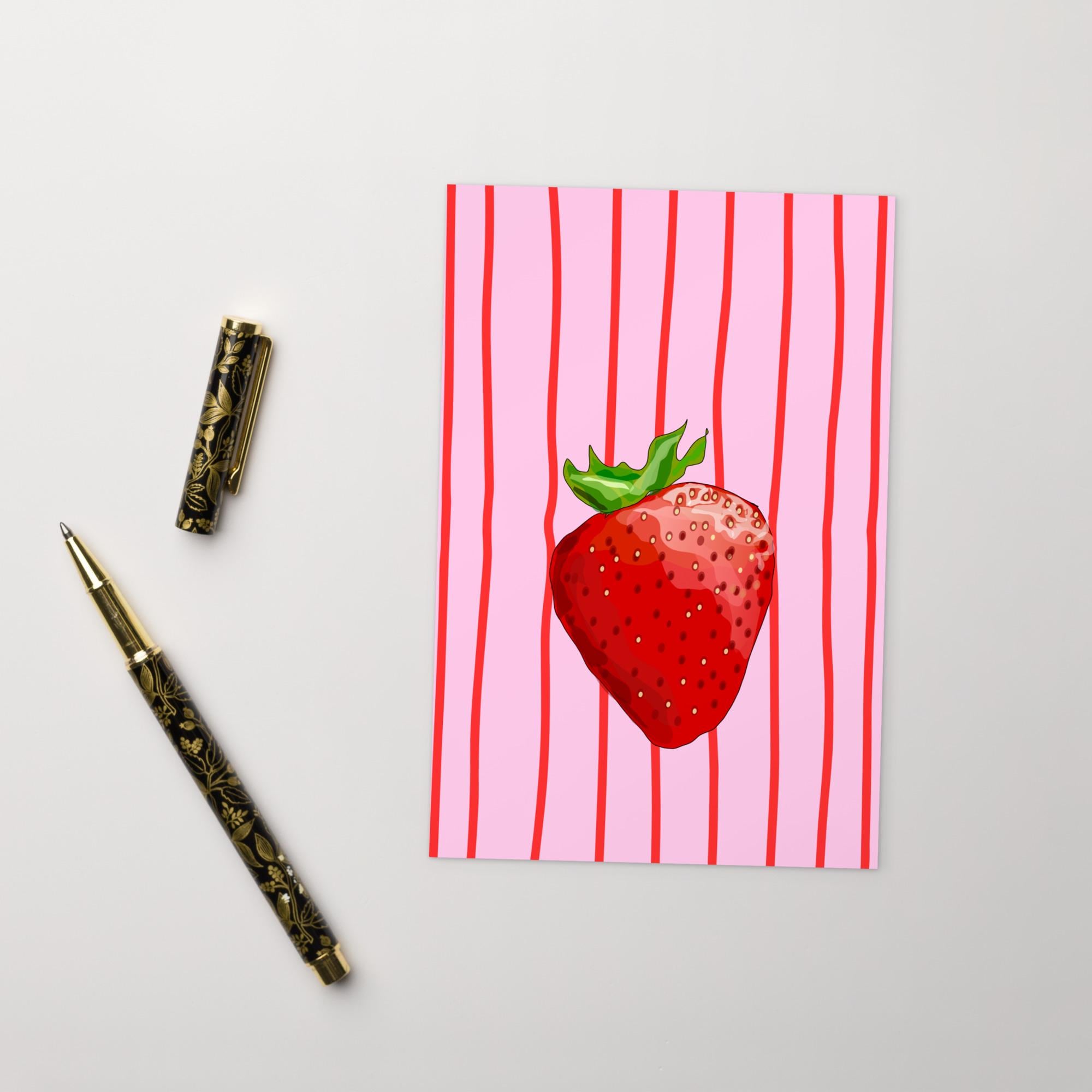 STRAWBERRY Postcard, Red Berry Postcard, Lines Standard Postcard Funky Strawberry Pink