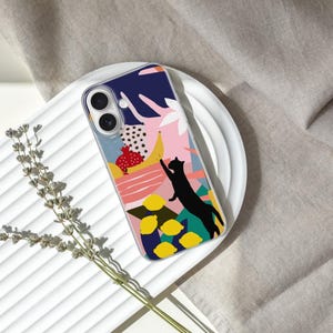 Custodia per telefono MATISSE Custodia per gatto nero Elegante per iPhone 16 Pro, 14, 13 Google Pixel, modelli disponibili Samsung Fruit Bowl GalaxyS24Ultra Lemons