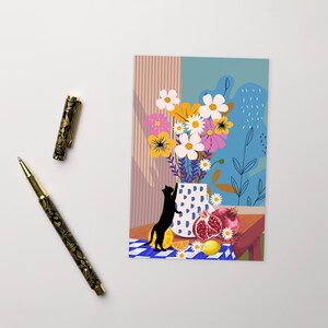 Carte postale CHAT NOIR, carte postale de fête, carte postale standard chat Vase funky marguerite citrons chat noir