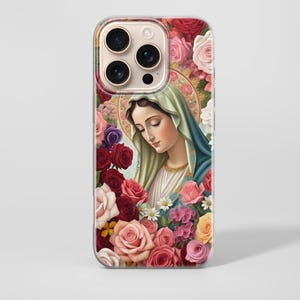JUNGFRAU MARY Telefon Fall katholisch für iPhone 16 Pro,15,14, Google Pixel, Modelle verfügbar Samsung Blumen Galaxy S25 Ultra Rosen Jungfrau Maria