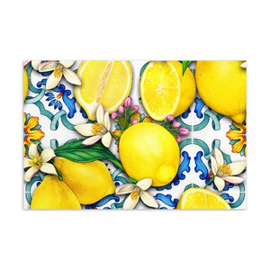 May include: A colorful illustration of lemons and lemon blossoms on a white background with blue and yellow patterned tiles. The lemons are yellow and some are cut in half to show the inside.