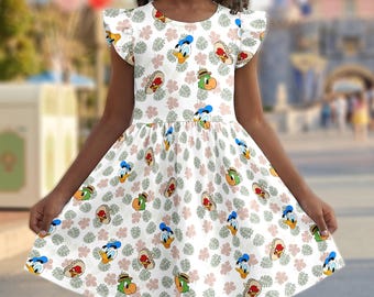 Disney The Three Caballeros Ruffle Dress Skirt, Disney Parrot Duck Chicken Ruffle Dress, Disney Flutter Sleeve, Cartoon Sport Dress