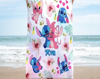 Personalized  Watercolor Stitch and Lilo Towel, Custom Stitch Angel Beach Towel, Couple  Summer Vacation Gift, Magic Kingdom Towel