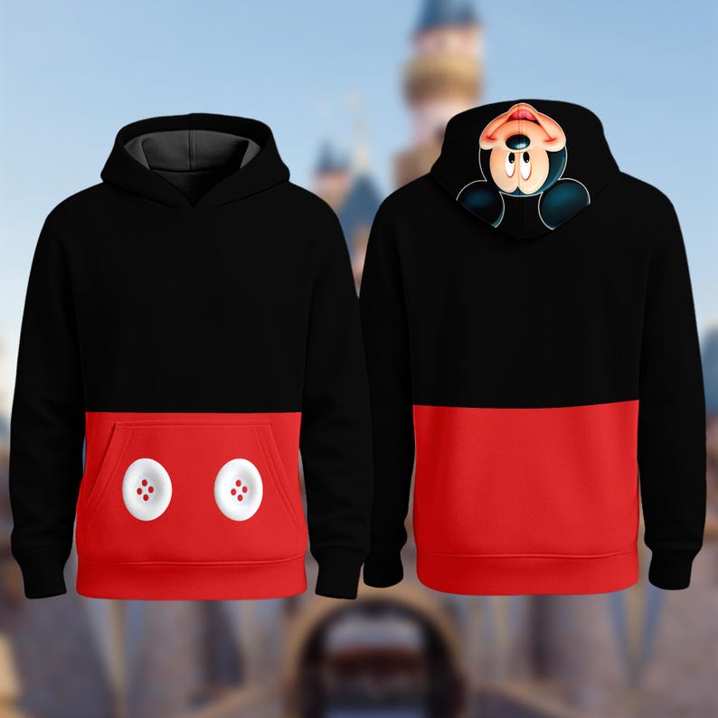 two hooded sweatshirts with a Mickey Mouse design on the back.