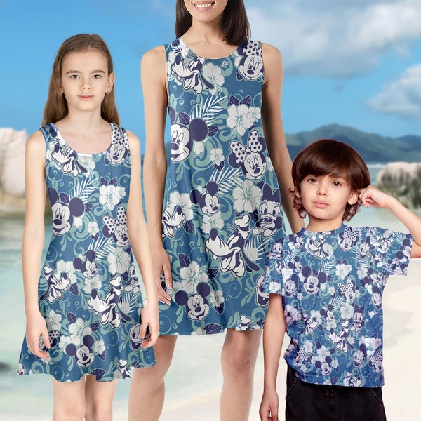 Cute Mouse Floral Summer Dress, Funny Duck Aloha 3D Kid T-Shirt, Mouse And Friends Family Mom and Daughter Dress, Summer Beach