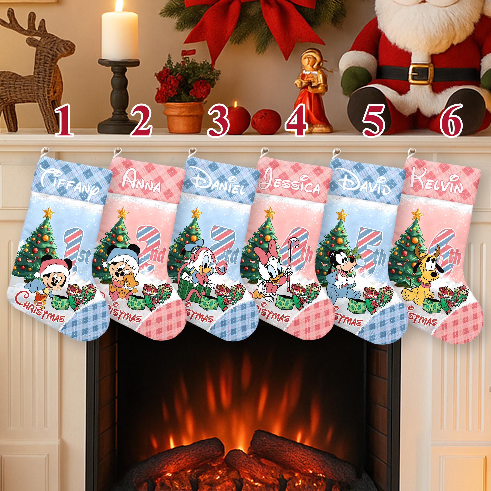 Discover Personalized Mickey And Friends Xmas Stocking, Baby Mickey Santa Hat Christmas Stockings, Baby Minnie Pluto Goofy Christmas Socks Home Decor