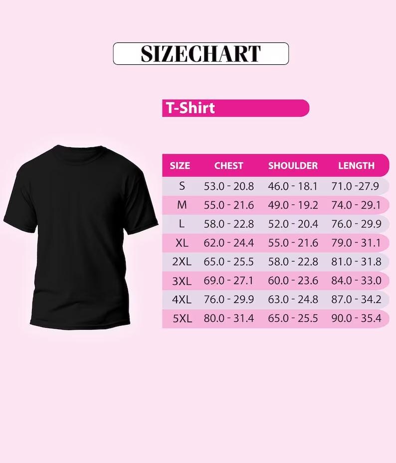 a black t-shirt with size information and a table below it, providing the sizes and corresponding measurements for different chest, shoulder, and length options.