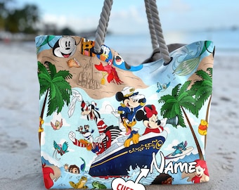 Personalize Mickey Mouse And Friend Beach Bag, Mickey Cruise Tote Bag, Custom Name Character Movie Bag, Summer Trip Gift For Mom, Daughter