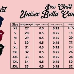 The image is a color chart and size chart for a unisex canvas t-shirt. The color chart displays various t-shirt colors, including black, white, pink, navy, and others, along with their corresponding sizes. The size chart provides the corresponding chest sizes for each color, ranging from XS to 8, and includes a table with the chest size and corresponding color. The chart and table are set against a pink background, and there is a black t-shirt displayed in the bottom right corner.