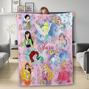 Couverture de princesse personnalisée aquarelle, couverture polaire voyage bébé fille, cadeau d'anniversaire de princesse pour fille, couverture de couette personnages de princesse