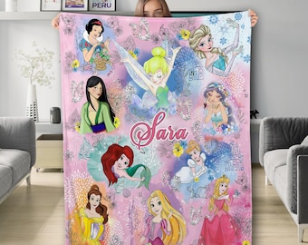 Personalized Watercolor Princess Blanket, Baby Girl Trip Fleece Blanket, Princess Birthday Girl Gift, Princess Characters Quilt Blanket