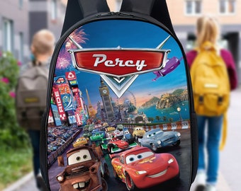 Personalized Car Racer Backpack, Custom Name Animated Car Racing Bottle, Magic Kingdom Kid Lunch Bag, Birthday Boy Back To School