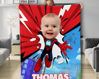 Manta de superhéroe Spidey y sus increíbles amigos con foto y nombre personalizados, manta de Miles Morales, Gwen Spiderman para cumpleaños de niño y niña