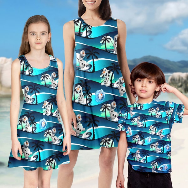 Snowman 3D All Over Printed Dress, Mom And Daughter Winter Kid Adult T-Shirt, Cute Snowman Pattern Tropical Shirt, Summer Outfit