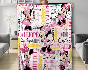 Personalized Watercolor Minnie Mouse Blanket, Custom Name Minnie Birthday Girl Blanket, Custom Name Alphabet Girl Trip Gifts, Gift for Her