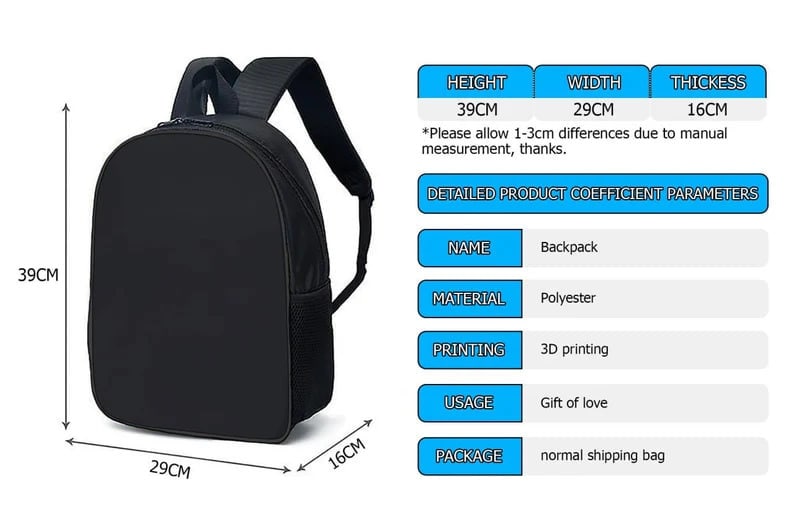 May include: Black backpack made of polyester, 39cm high, 29cm wide, and 16cm thick. The image includes product details: name, material, printing method, usage, and package type. The backpack is designed for gifting.