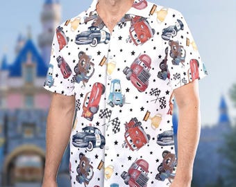 Cars Hawaiian Shirt, Lightning McQueen Tow Mater Summer Hawaii Tee, Car Cartoon Characters All Over Print Shirt, Birthday Gift For Kid