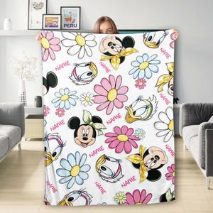Personalized Famous Mouse And Friends With Flowers Plush Fleece Blanket, Custom Name Mouse Friendship Blanket, Birthday Gift, Home Decor