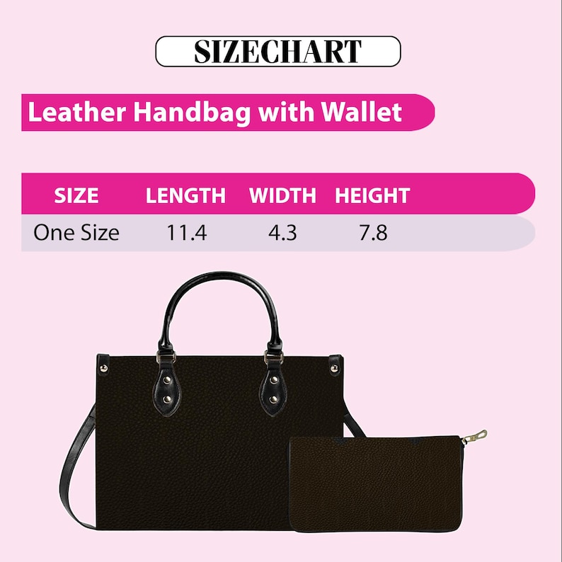 Puede incluir: Bolso de mano de cuero negro con una cartera a juego. El bolso de mano tiene un asa superior y una correa para el hombro. La tabla de tallas muestra que el bolso de mano mide 11,4 pulgadas de largo, 4,3 pulgadas de ancho y 7,8 pulgadas de alto.