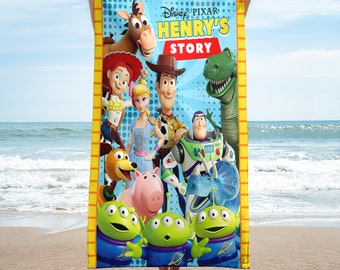 Personalized Toy Characters Beach Towel, Toy Movie Towels, Gift for Boy or Girl, Magic Kingdom Bath Pool Towel, Cartoon Family Trip Towels
