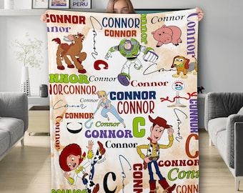 Personalized Toy Movie Blanket, Toy Characters Blanket, Name Blanket Christmas Gift, Cartoon Movie Fleece Blanket, Magic World Quilt