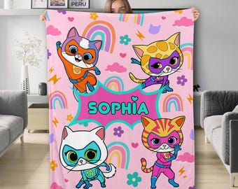 Custom Superkitties Blanket, Custom Super Kitties Blanket, Super Kittie Buddy Bitsy Ginny Sparks Hero Blanket, Cat Superhero Kitties