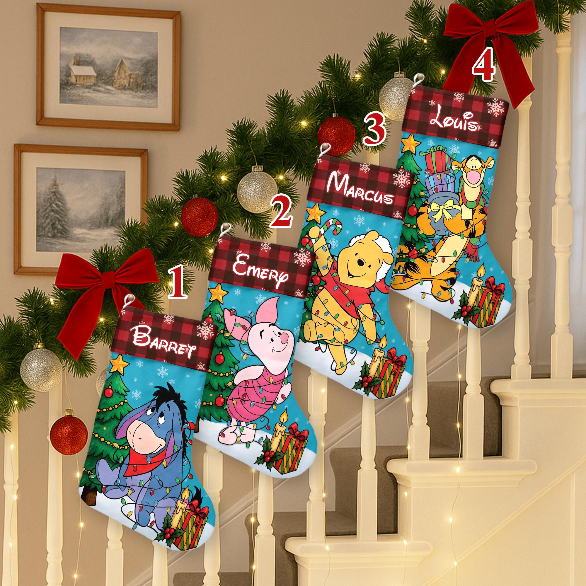 Discover Personalized Pooh And Friends Xmas Stocking, Winnie The Pooh With Christmas Tree Stocking, Piglet Eeyore Tigger Christmas Socks Home Decor