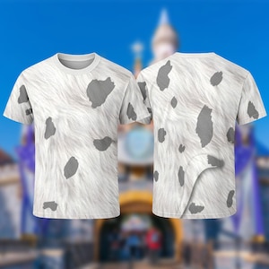 A white t-shirt with a pattern resembling a dog's fur, featuring black spots against a white background.