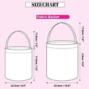 May include: Size chart for fabric baskets. The image shows two white fabric baskets with handles, labeled "Fabric Basket." Measurements are provided in inches and centimeters: 7.0" high, 9.0" and 10.0" wide.