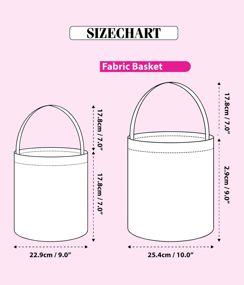 May include: Size chart for fabric baskets. The image shows two white fabric baskets with handles, labeled "Fabric Basket." Measurements are provided in inches and centimeters: 7.0" high, 9.0" and 10.0" wide.