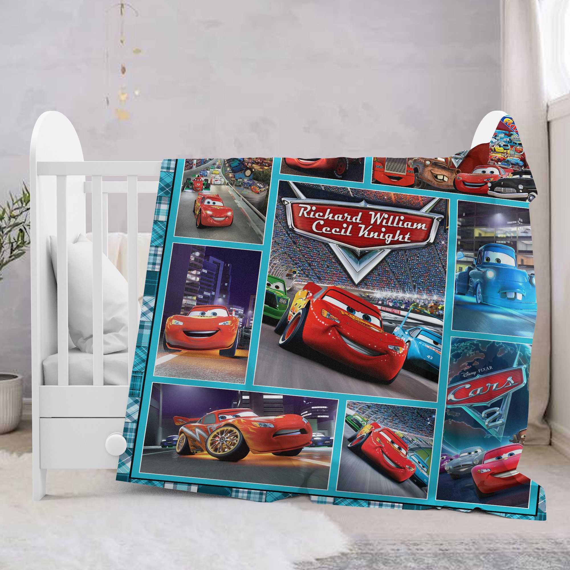 Personalized Lightning Racing Car Blanket, Custom Name Car Movie Fleece Blankets, Racing Car Blanket