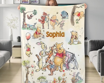 Personalized Watercolor Pooh Blanket, Bear and Friends Blanket, Birthday Gift For Her/Him, Bear Movie Fleece Blanket, Bear Quilt Bedding