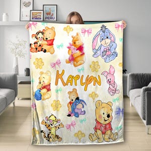 Personalized Watercolor Coquette Bows Winnie The Pooh Blanket, Pooh Bear and Friends Birthday Boy, Birthday Girl Gifts Quilt Bedding