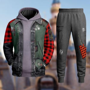 May include: A two-piece outfit featuring a gray hoodie with a denim jacket design, red and black plaid accents, and decorative patches. The matching gray sweatpants have cargo pockets and a red and black plaid zipper detail. The outfit is displayed against a blurred background.