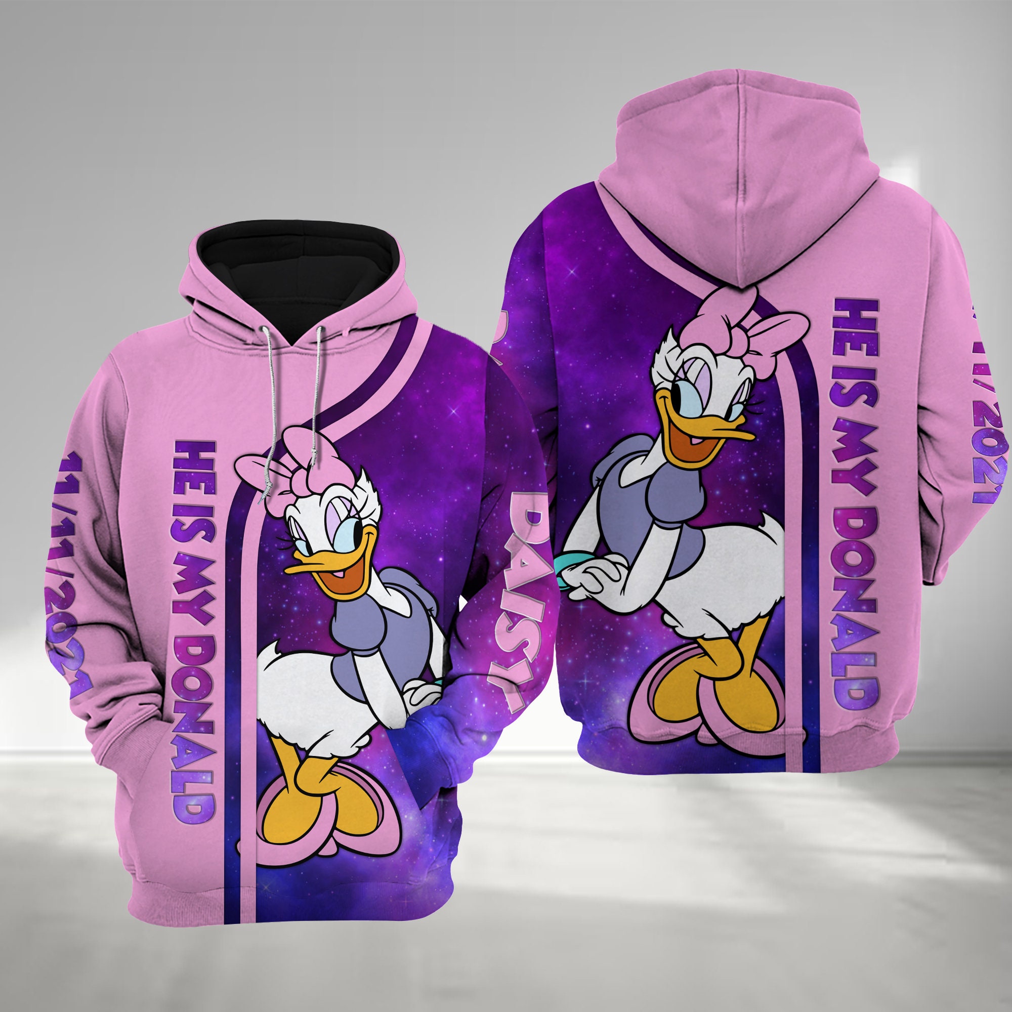 Discover He Is My Duck Hoodie, Purple Cartoon Character Couple Valentine Matching All Over Print Hoodie, Valentine Gift For Her