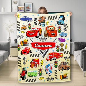 Personalized Cars Blanket, Custom Name Cars Movie Fleece Blanket, Racing Car Lightning Characters Blanket, Birthday Kid Gifts, Cartoon Quilt
