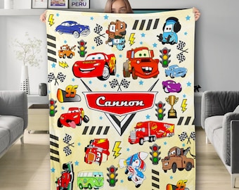 Personalized Cars Blanket, Custom Name Cars Movie Fleece Blanket, Racing Car Lightning Characters Blanket, Birthday Kid Gifts, Cartoon Quilt