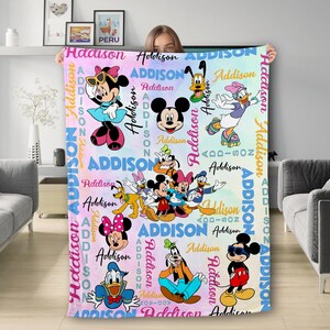 Personalized Watercolor Mouse and Friend Blanket, Custom Name Castle Baby Fleece Blanket, Magic Kingdom Christmas Gift for Kids